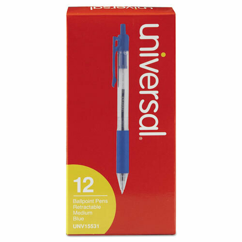 Universal Comfort Grip Ballpoint Pen, Retractable, Medium 1 mm, Blue Ink, Clear Barrel, Dozen