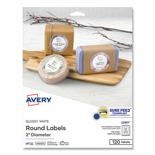 Avery Round Print-to-the Edge Labels, 2" dia, Glossy White, 120/PK