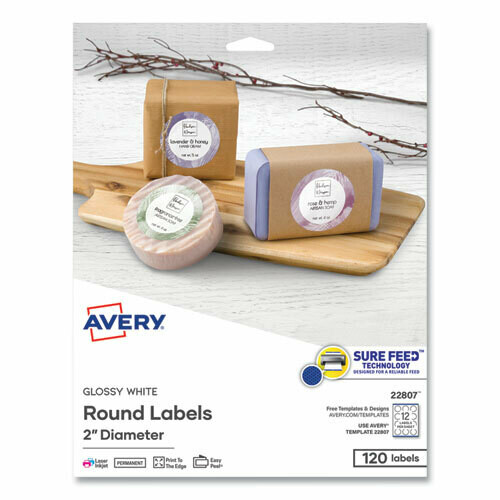 Avery Round Print-to-the Edge Labels, 2&quot; dia, Glossy White, 120/PK