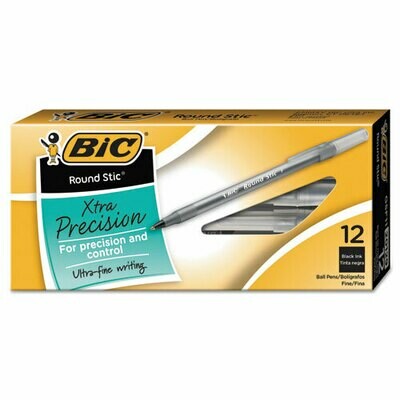 BIc Round Stic Xtra Precision Stick Ballpoint Pen, Fine point, Black Ink, DZ