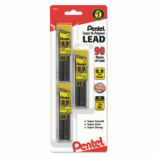 Pentel Pencil Lead Refills, 0.9 mm, HB, Black, 3 Tubes/Pack