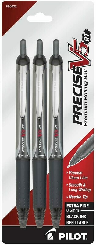 PILOT Precise V5 RT Rolling Ball Pens, Extra Fine Point. Black Ink, 3-Pack