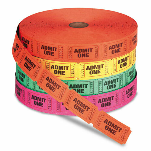 Admit One Single Ticket Roll, Numbered, Assorted, 2000/Roll,