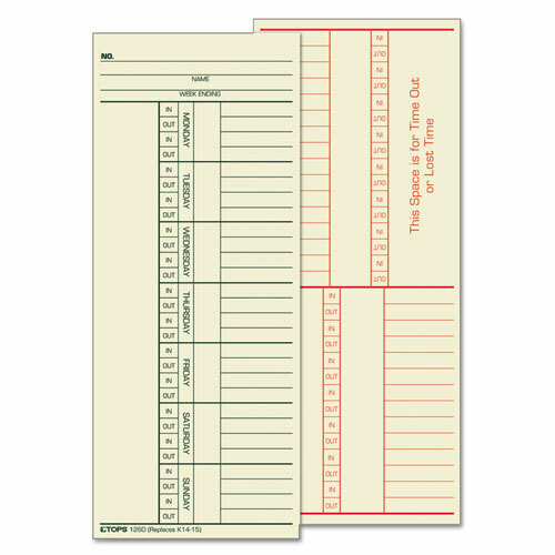 Tops Weekly Time Card, Named Days, Two-Sided, 3 3/8 x 8 1/4, 500/Box