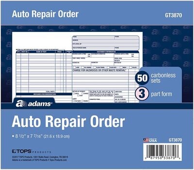 Adams Auto Repair Order Forms, 8.5 x 7.44 Inch, 3-Part, Carbonless, 50-Pack