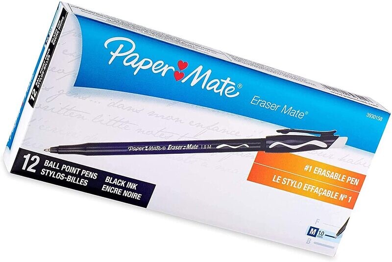 Papermate Eraser Mate Ballpoint Pens, Black, Medium, Dozen