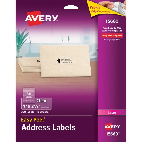 Avery Address Labels - Sure Feed, Permanent Adhesive - Clear, 1 x 2 5/8, 300/pk
