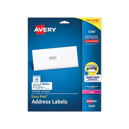 Avery Easy Peel White Address Labels w/ Sure Feed Technology, Laser Printers, 1 x 2.63, White, 30/Sheet, 25 Sheets/Pack