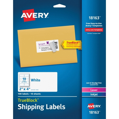 Avery TrueBlock Shipping Labels - Sure Feed Technology, Permanent Adhesive - 2" x 4", White, 100 /pk