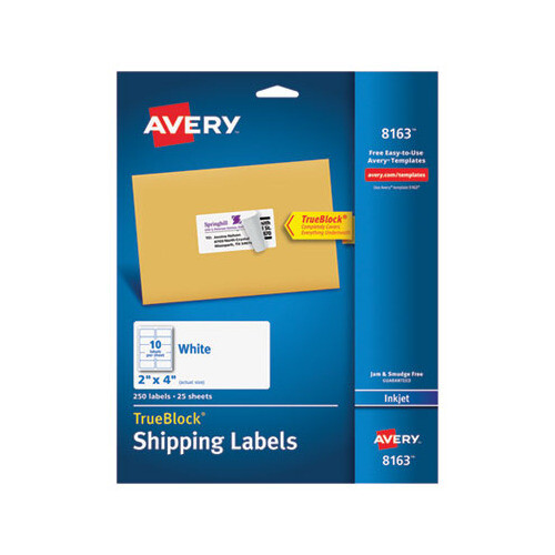 Avery Shipping Labels with TrueBlock Technology, Inkjet Printers, 2 x 4, White,  250/Pack