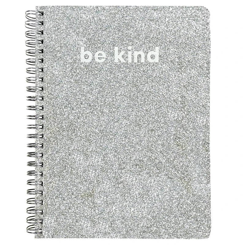 Steel Mill Cute Lined Notebook with pocket, Silver Glitter, 6&quot; x 8.25&quot;, BE KIND