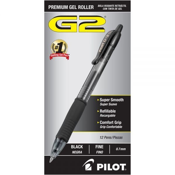Pilot  G2 Premium Gel Pen, Retractable, Fine 0.7 mm, Black Ink, Smoke Barrel, Dozen
