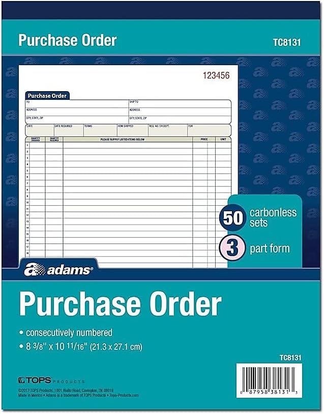 Adams Purchase Order Book, 3-Part, Carbonless, 50 Sets