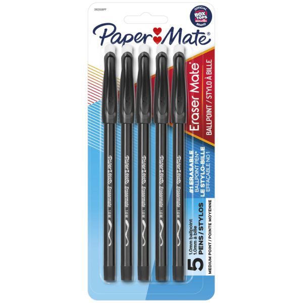 Paper Mate EraserMate Ballpoint Pens, Medium Point, Black Ink - 5/pk