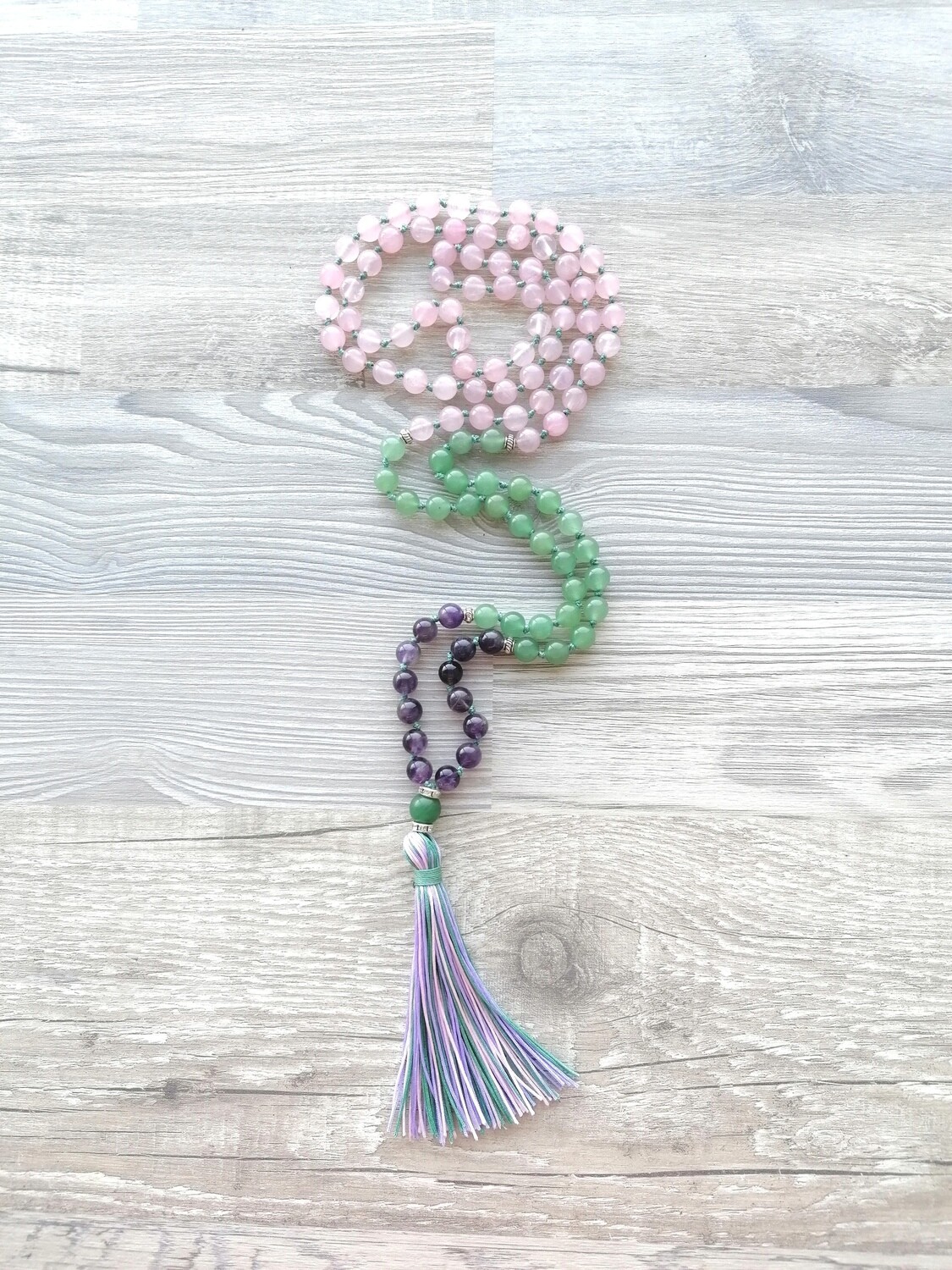 Amethyst, Green Aventurine, and Rose Quartz 108 Mala