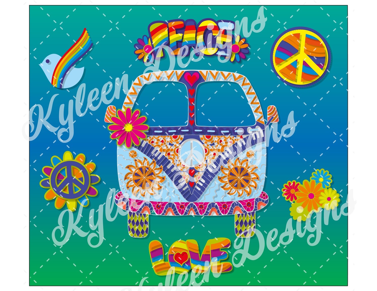 Peace & Love hippie bus for sublimation, waterslide High res PNG digital file