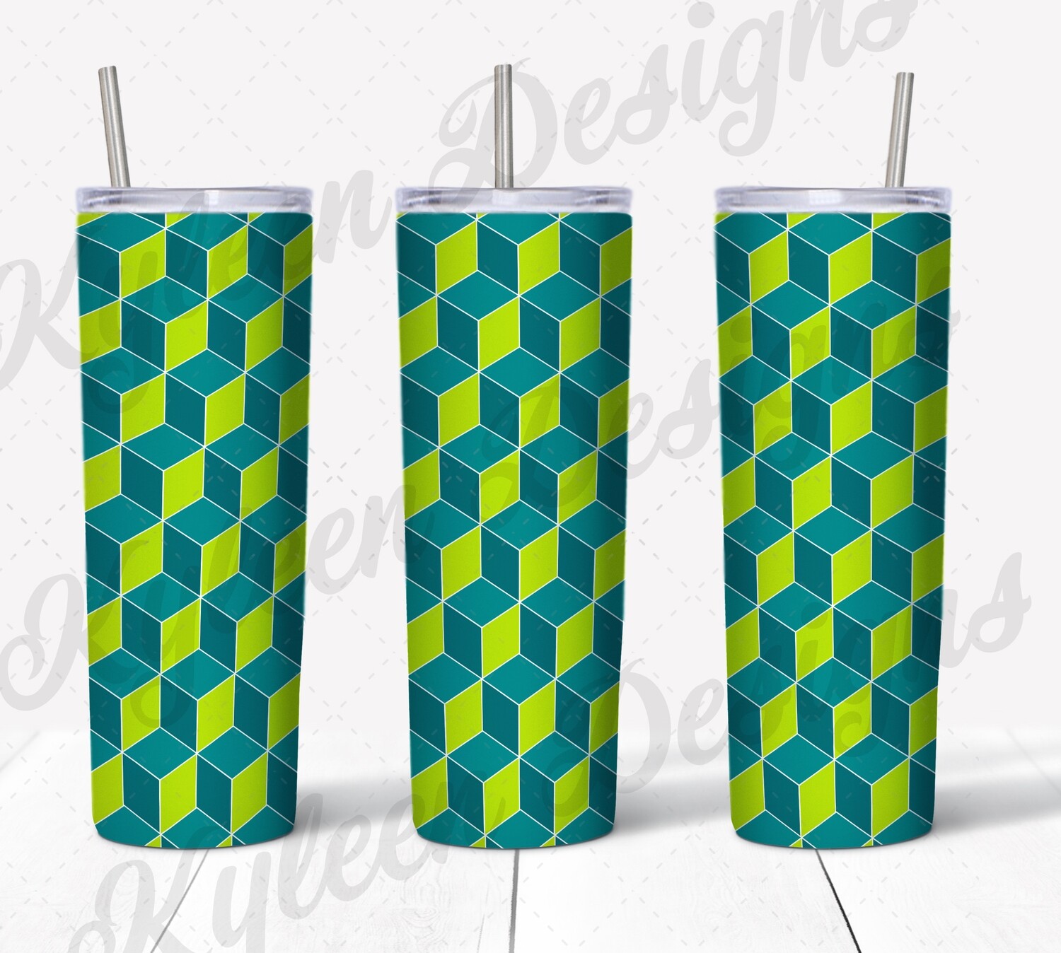20 ounce straight Teal and green Tumbling blocks wrap for sublimation, waterslide High res PNG digital file