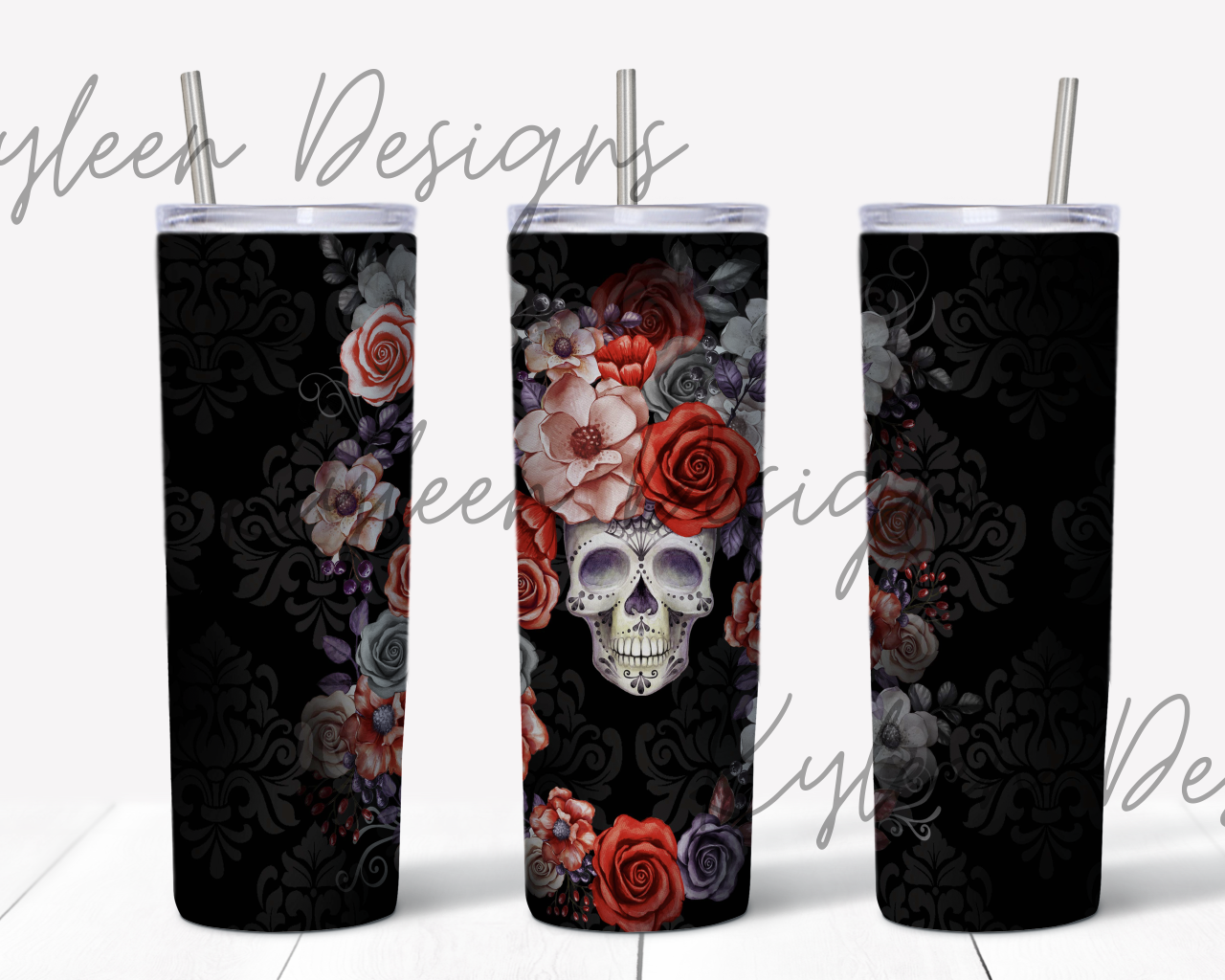20 ounce straight to red rose wrap skull for sublimation, waterslide High res PNG digital file