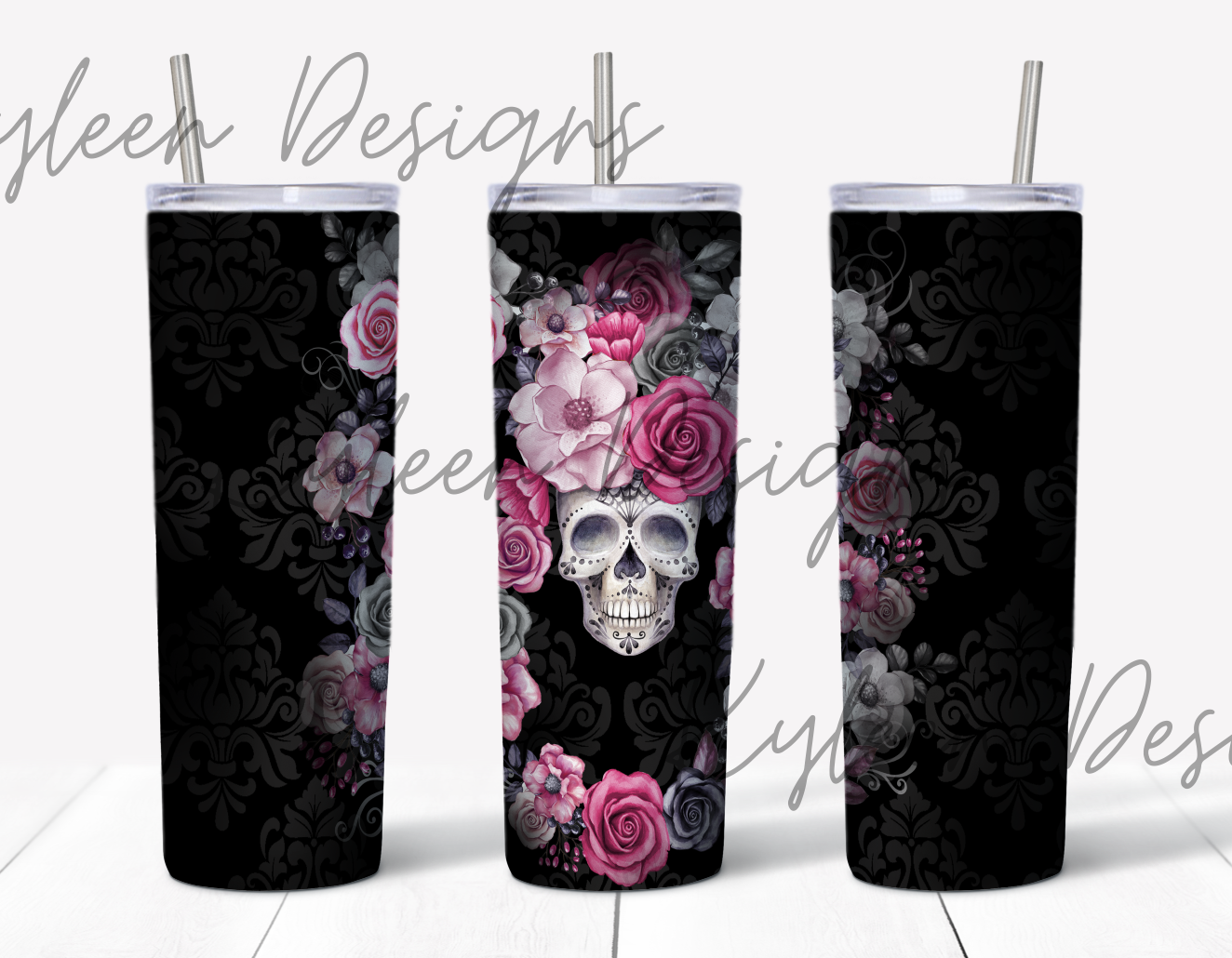 20 ounce straight skull pink rose for sublimation, waterslide High res PNG digital file