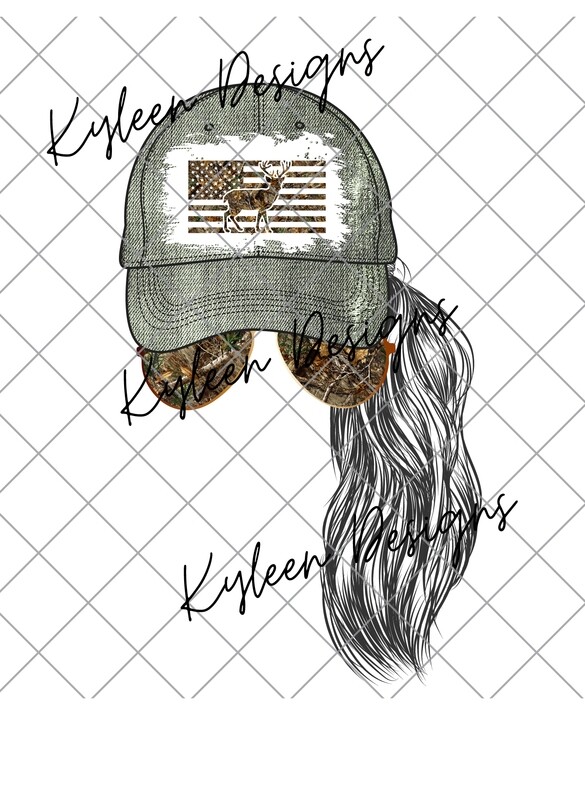 Mom ponytail with hat- Camo 300 dpi PNG high res digital file