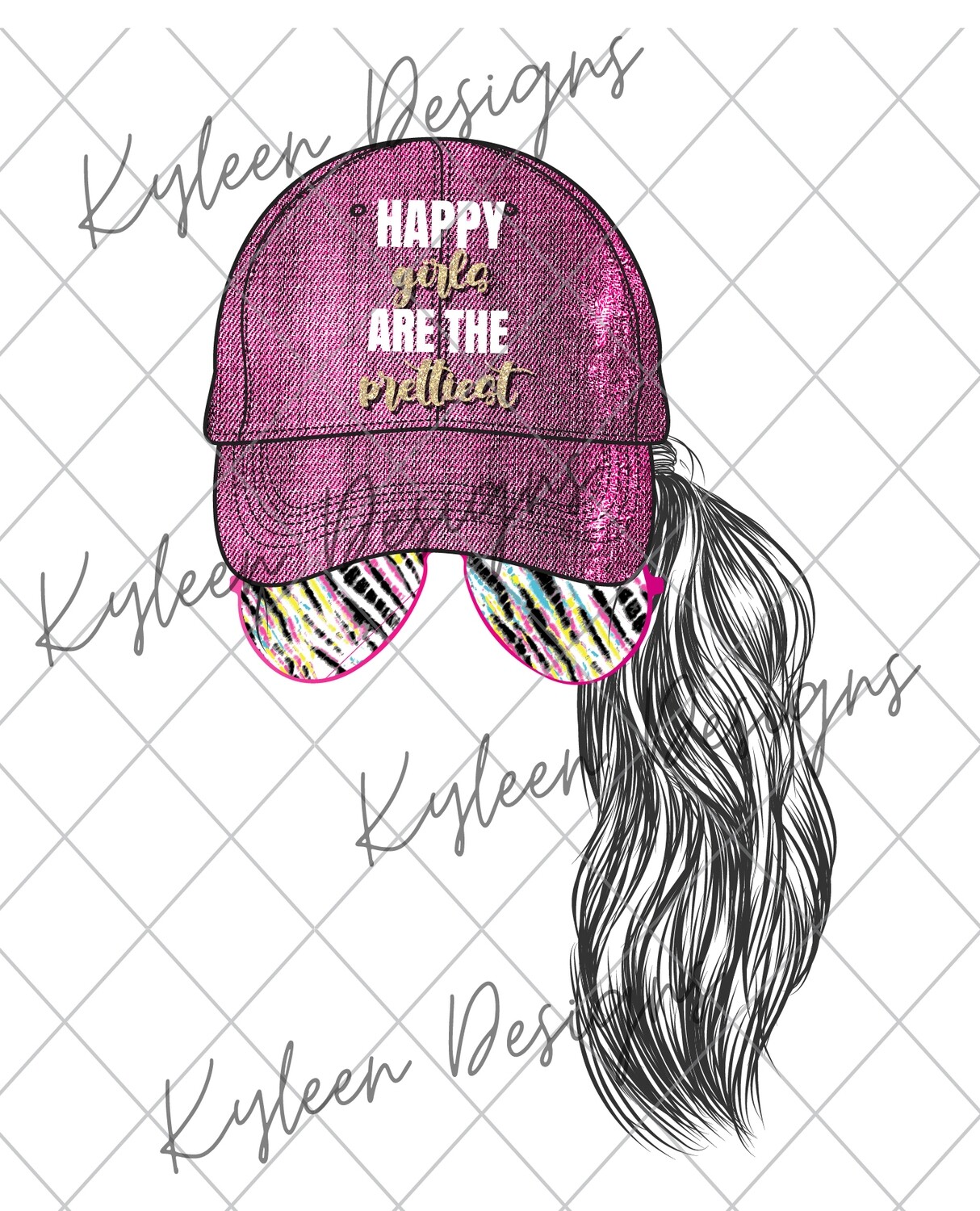 Mom ponytail with hat- happy girls are the prettiest 300 dpi PNG high res digital file.