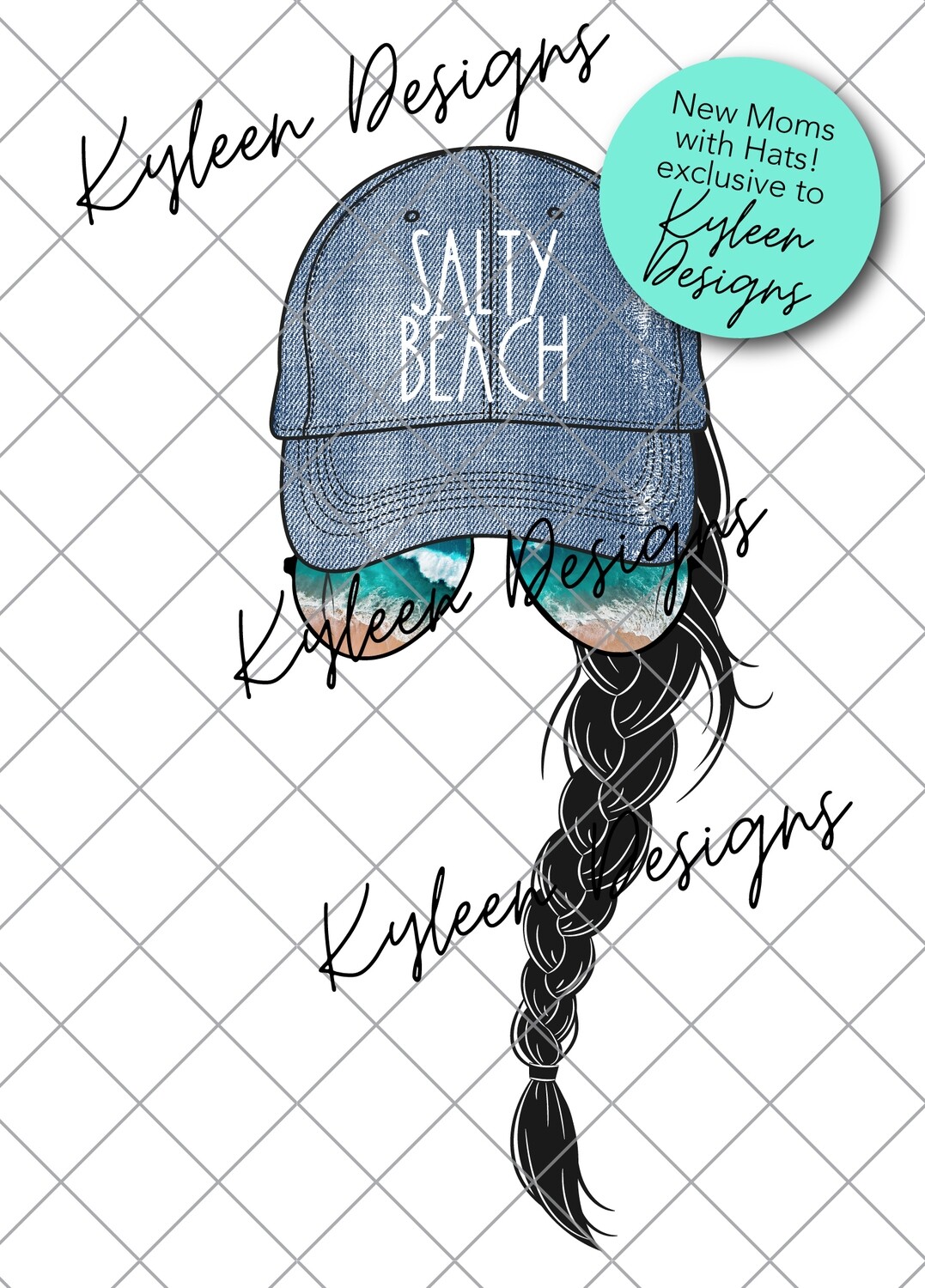 Mom braid with hat- salty beach 300 dpi PNG high res digital file.