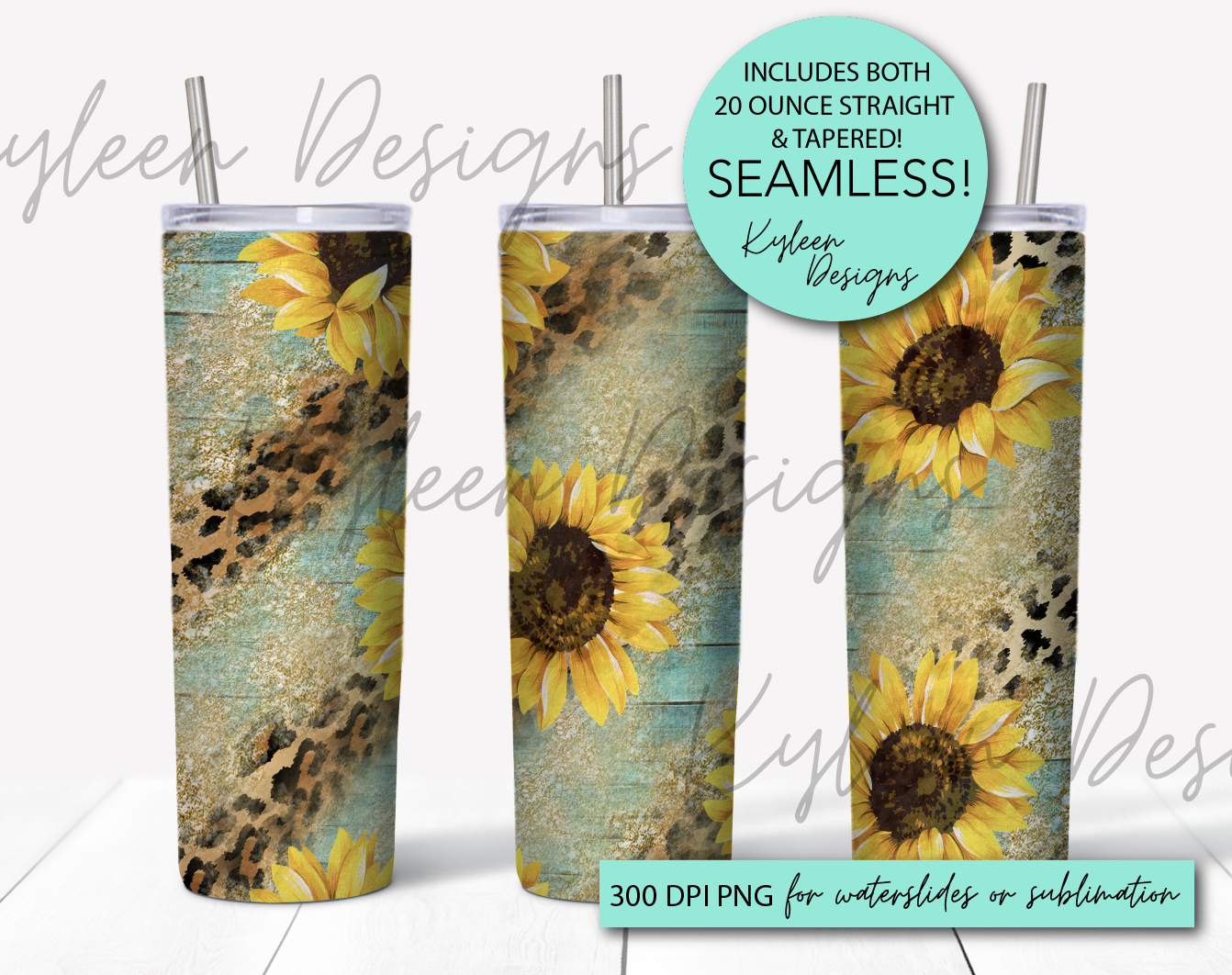 20 ounce straight & tapered sunflower leopard glitter wraps for sublimation, waterslide High res PNG digital file