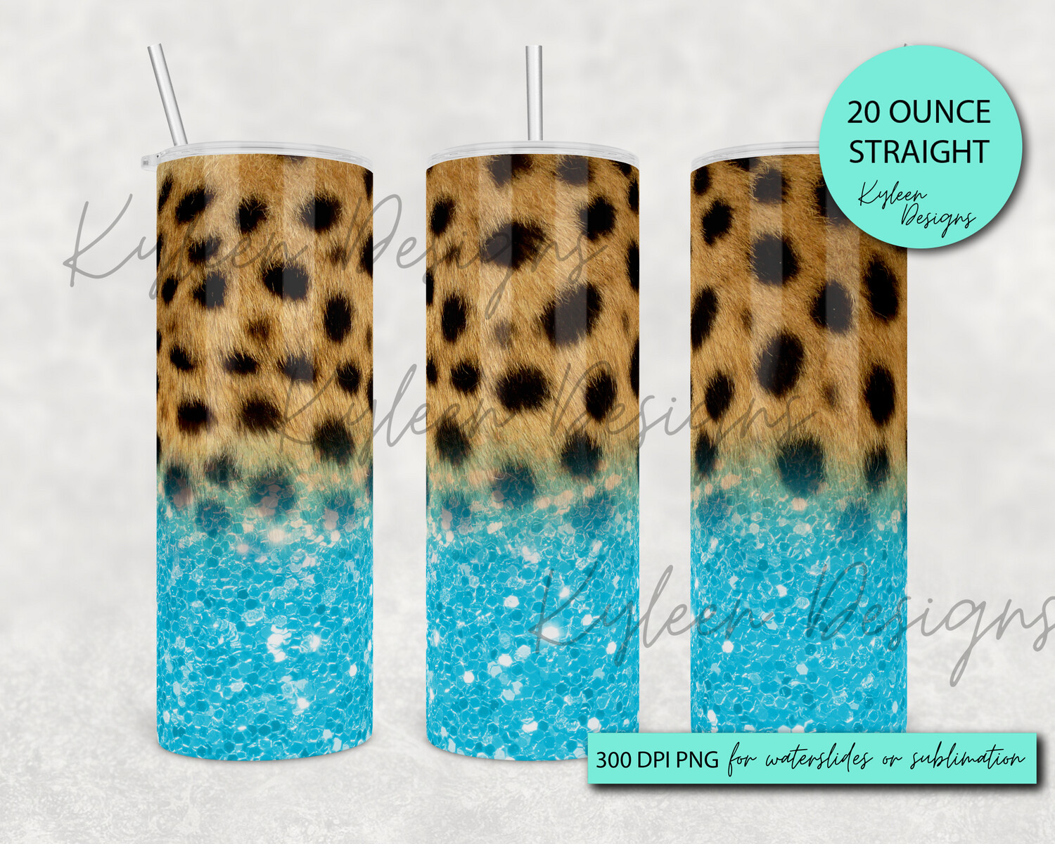 20 ounce straight blue glitter and cheetah wrap for sublimation, waterslide High res PNG digital file