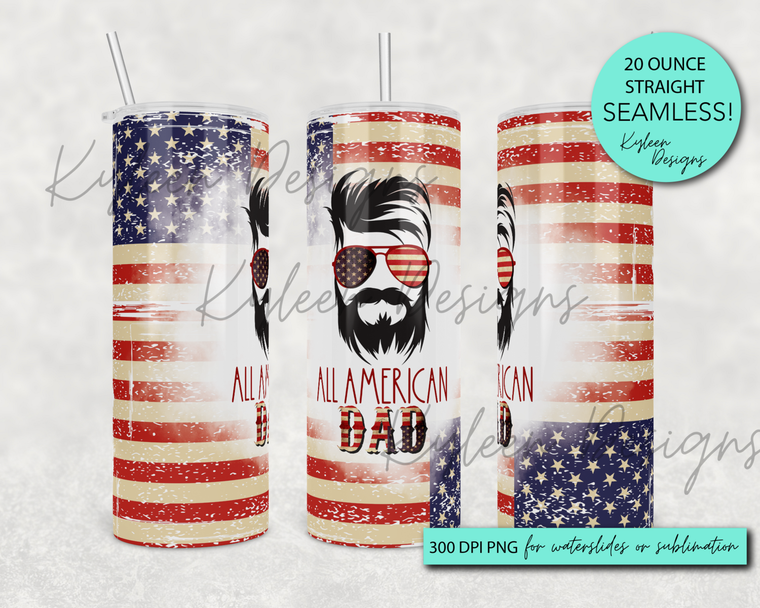 20 ounce straight All American DAD with beard wrap for sublimation, waterslide High res PNG digital file