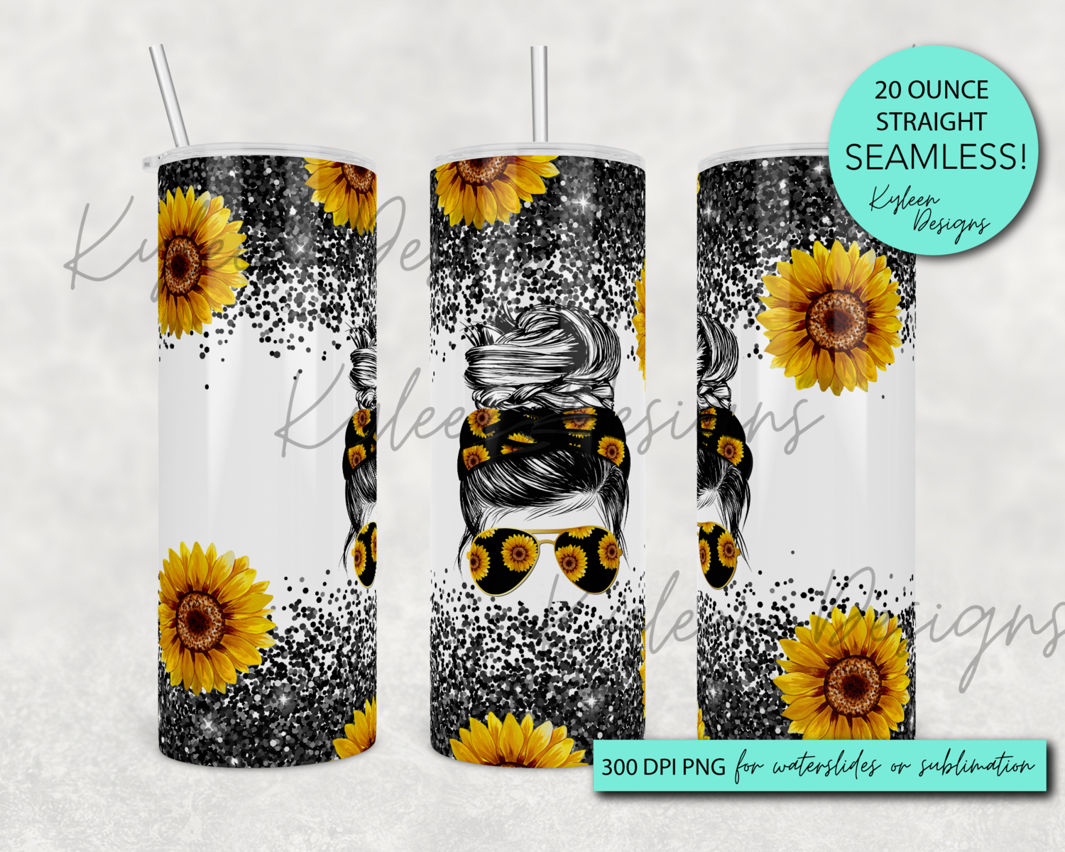 20 ounce straight sunflower mom bun wrap for sublimation, waterslide High res PNG digital file
