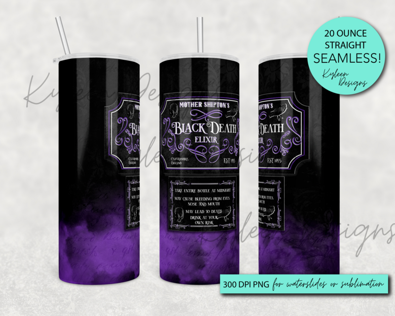 20 ounce straight Black Death Elixir wrap for sublimation, waterslide High res PNG digital file