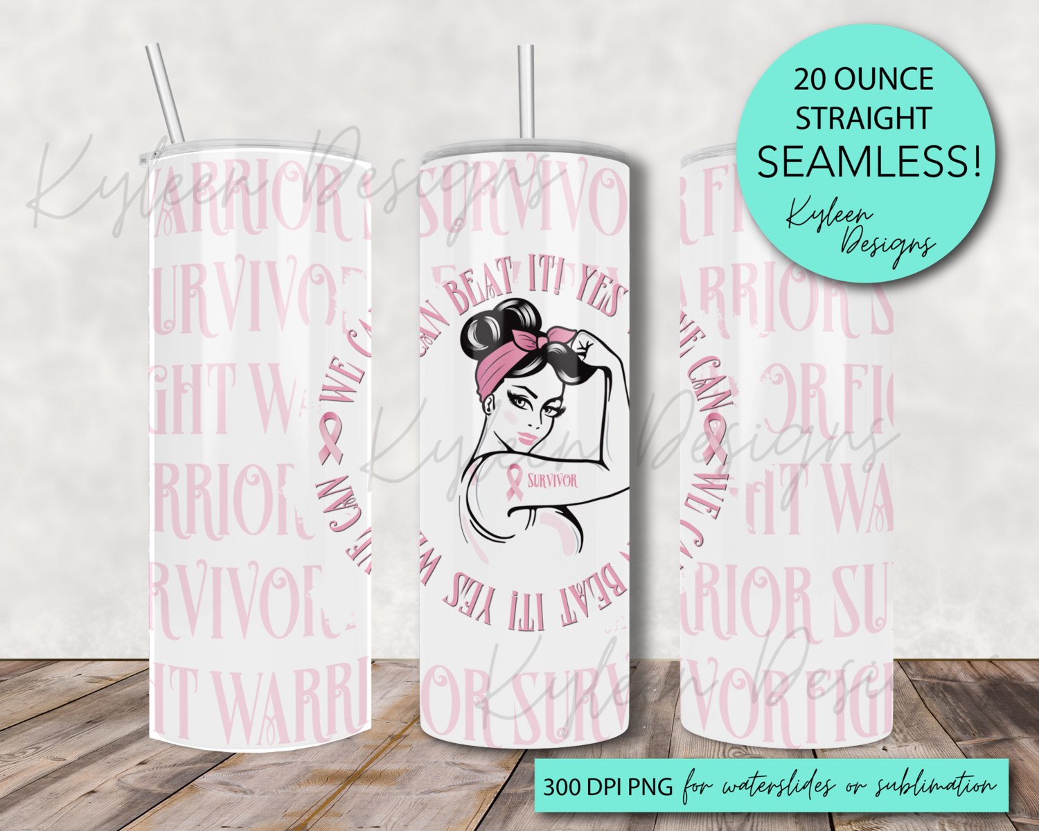 20 ounce Rosie the Riveter breast cancer awareness print wrap for sublimation, waterslide High res PNG digital file