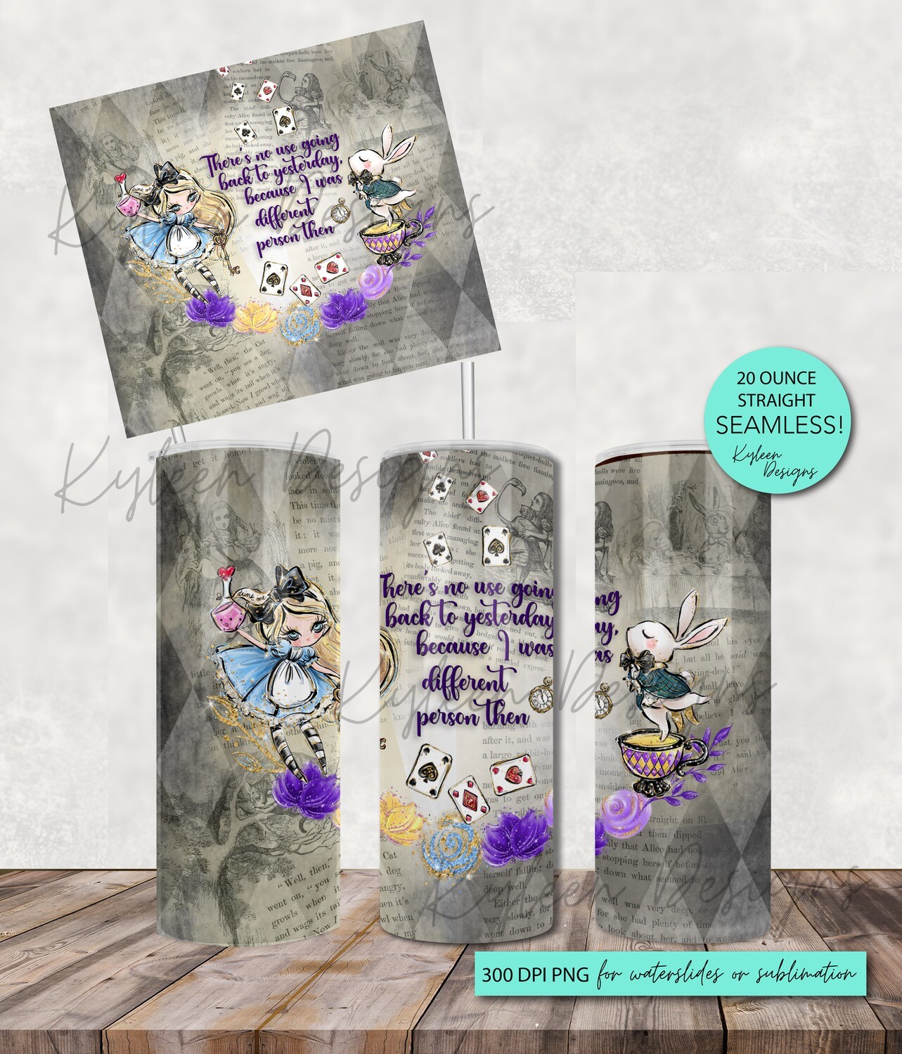 20 ounce Alice in Wonderland wrap for sublimation, waterslide High res PNG digital file