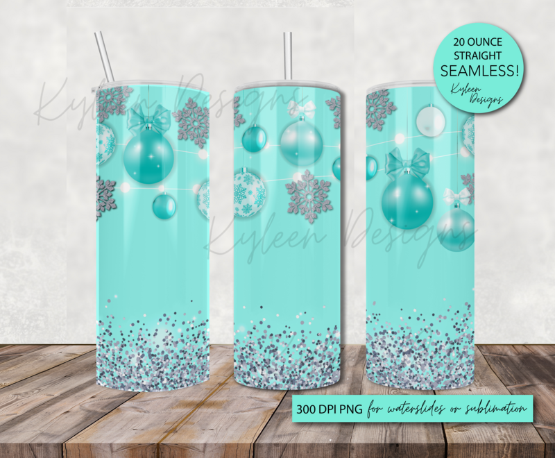 20 ounce Aqua Christmas decorations wrap for sublimation, waterslide High res PNG digital file