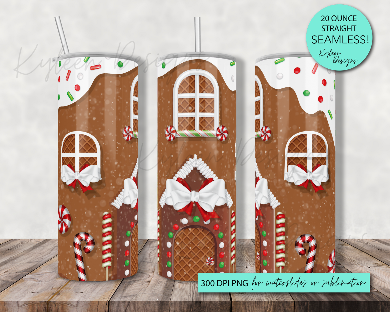 20 ounce Seamless Gingerbread house Christmas decorations wrap for sublimation, waterslide High res PNG digital file
