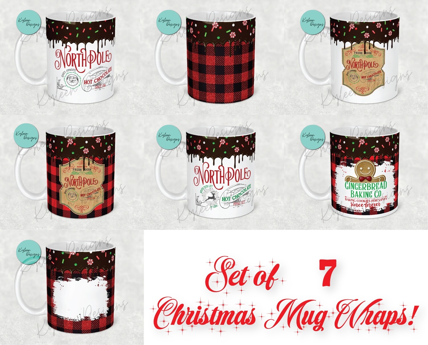 11 ounce Seamless Christmas mug bundle High res PNG digital file- set of 7
