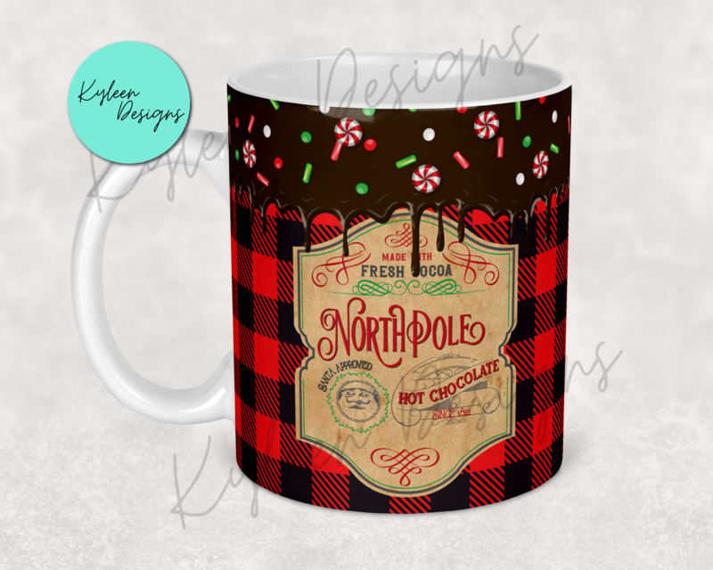 11 ounce Seamless Christmas mug north pole hot chocolate drip High res PNG digital file