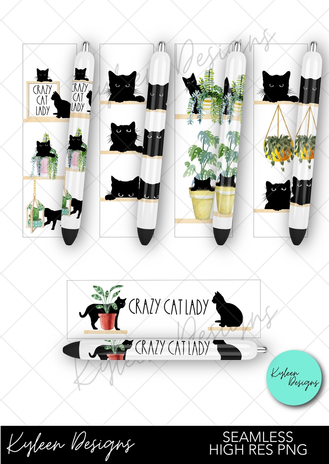 Seamless Crazy Cat Lady Pen wrappers™  for waterslide High Res PNG file