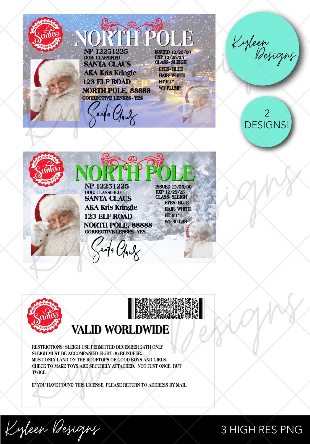 Santa License High Res 300 DPI PNG- 3 files-2 designs