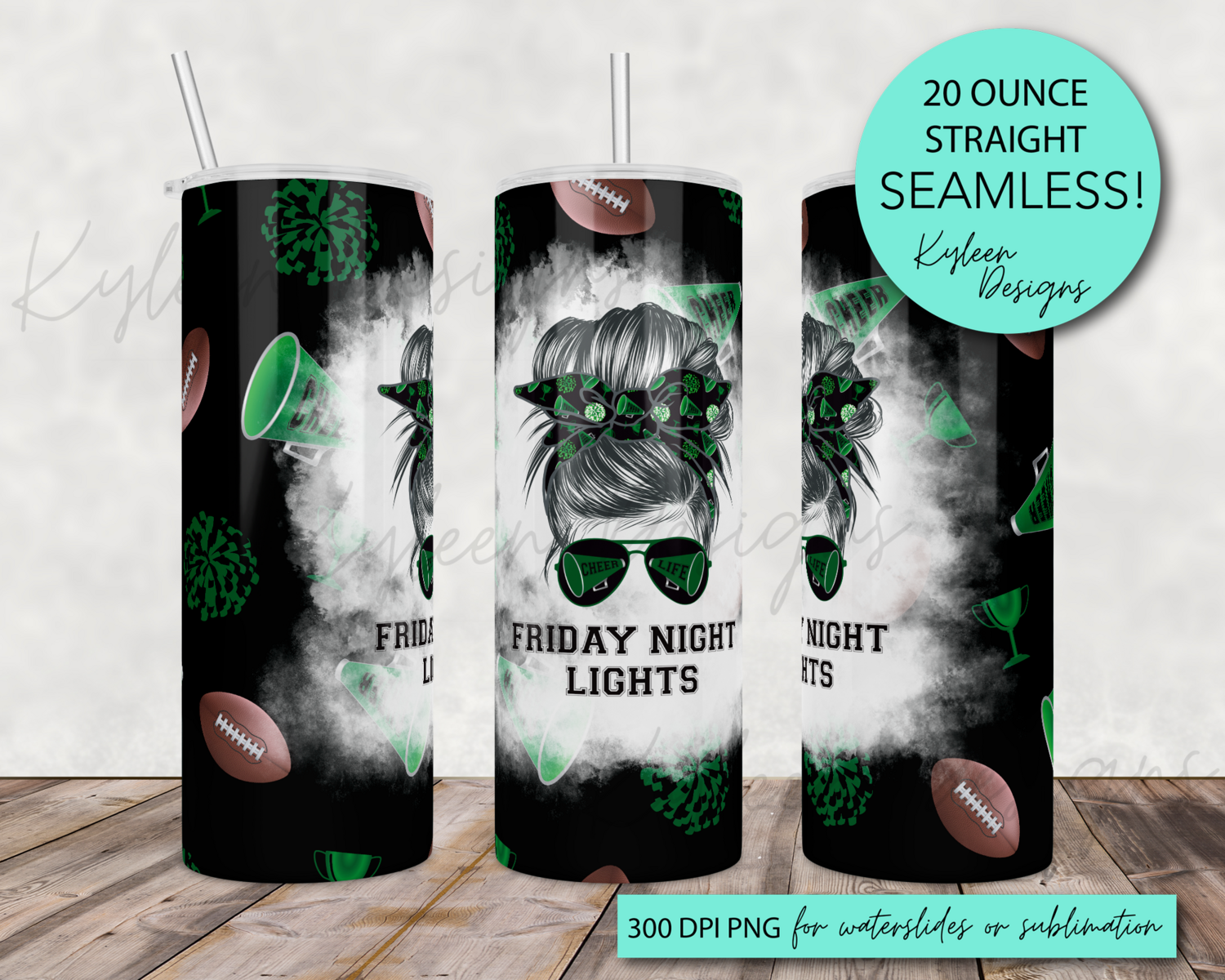 20 ounce Green Cheer Friday night lights wrap for sublimation, waterslide High res PNG digital file