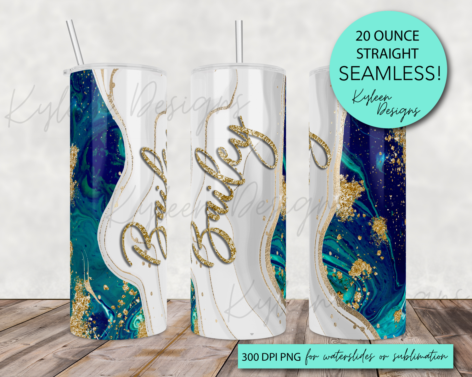 20 ounce Seamless blue and aqua agate wrap for sublimation, waterslide High res PNG digital file