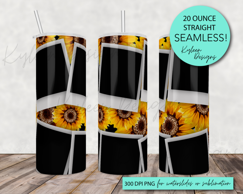 20 ounce Sunflower Polaroid wrap for sublimation, waterslide High res PNG digital file