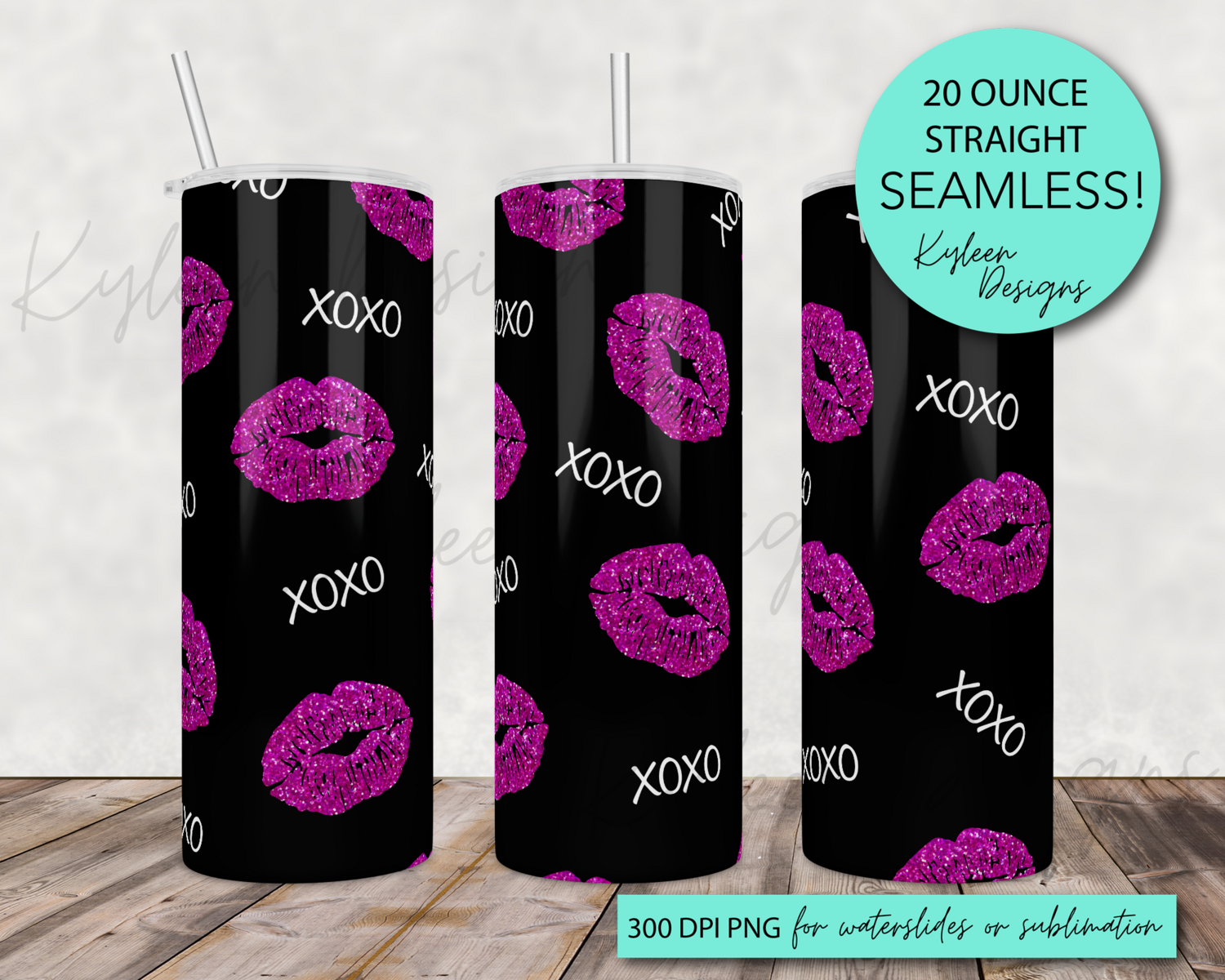 20 ounce xox glitter lips xoxo wrap for sublimation, waterslide High res PNG digital file