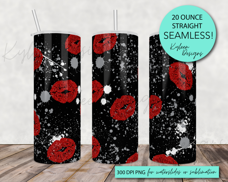 20 ounce black and red glitter lips splatter wrap for sublimation, waterslide High res PNG digital file
