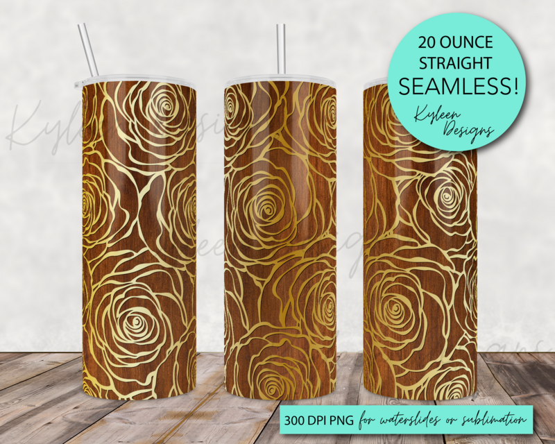 20 ounce woodgrain gold ombre rose for sublimation, waterslide High res PNG digital file