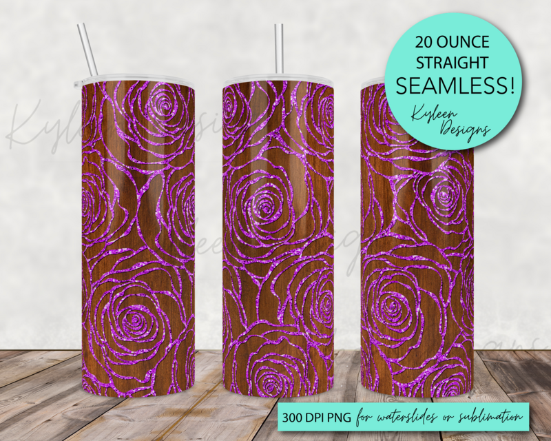 20 ounce woodgrain pink glitter rose for sublimation, waterslide High res PNG digital file