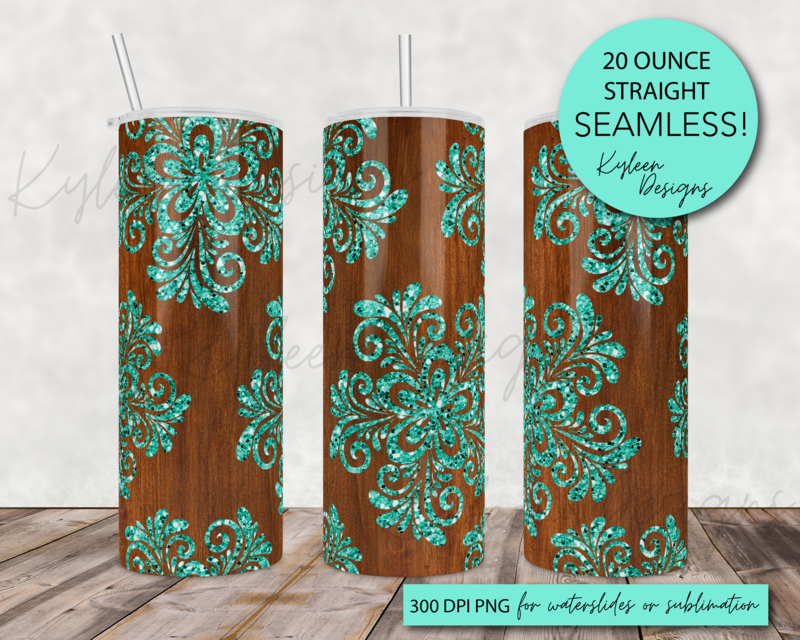20 ounce woodgrain aqua glitter floral for sublimation, waterslide High res PNG digital file