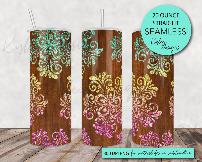 20 ounce woodgrain rainbow ombre glitter floral for sublimation, waterslide High res PNG digital file