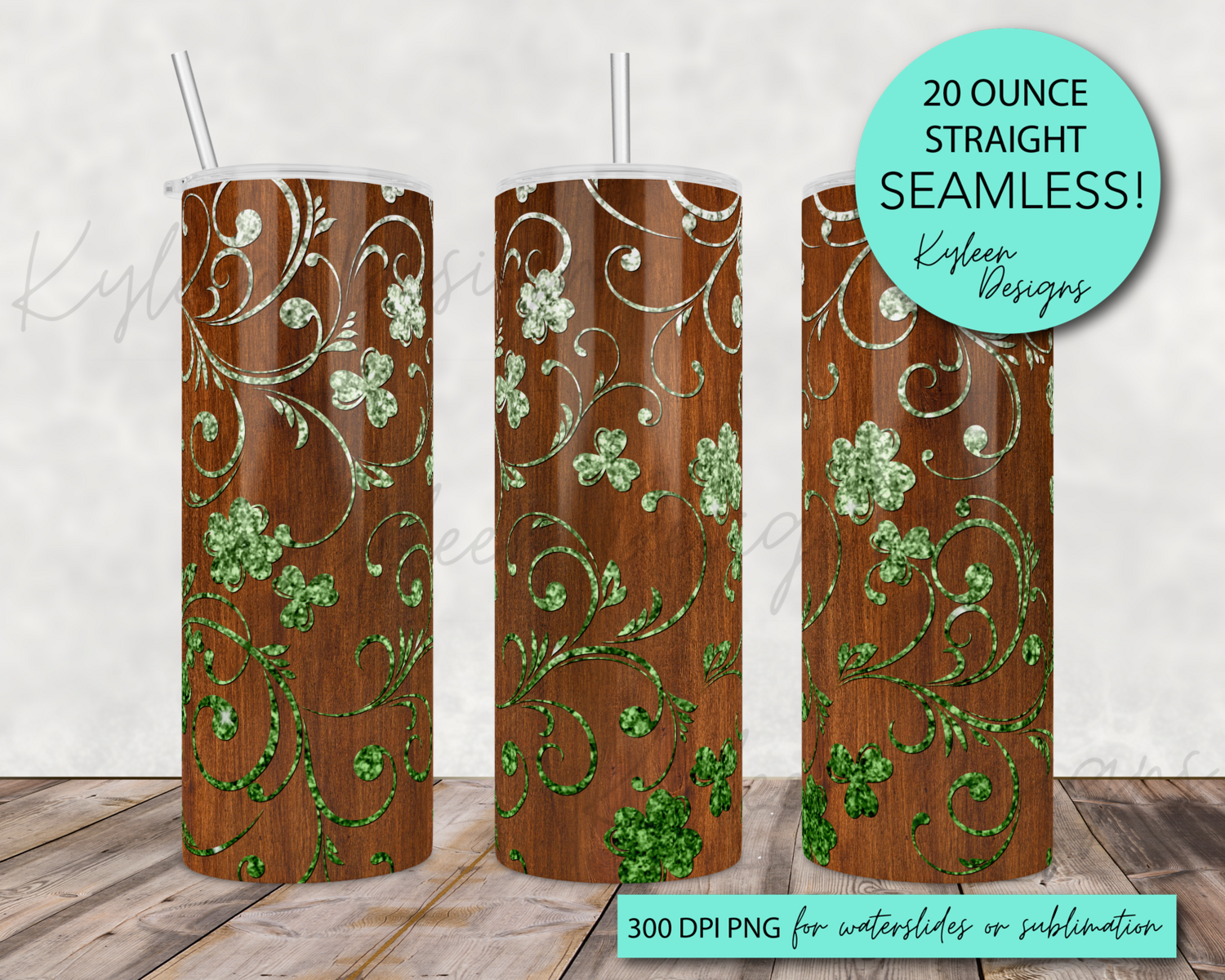20 ounce woodgrain green ombre clover for sublimation, waterslide High res PNG digital file