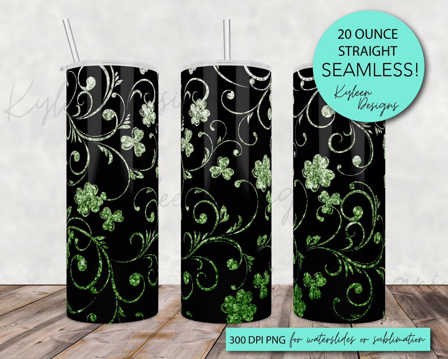 20 ounce black green ombre clover for sublimation, waterslide High res PNG digital file